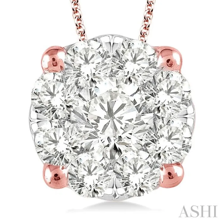 1 1/2 Ctw Lovebright Round Cut Diamond Pendant in 14K Rose and White Gold with Chain