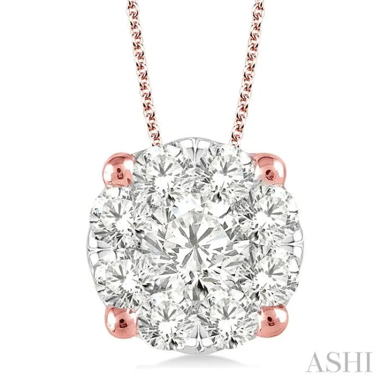 1 1/2 Ctw Lovebright Round Cut Diamond Pendant in 14K Rose and White Gold with Chain