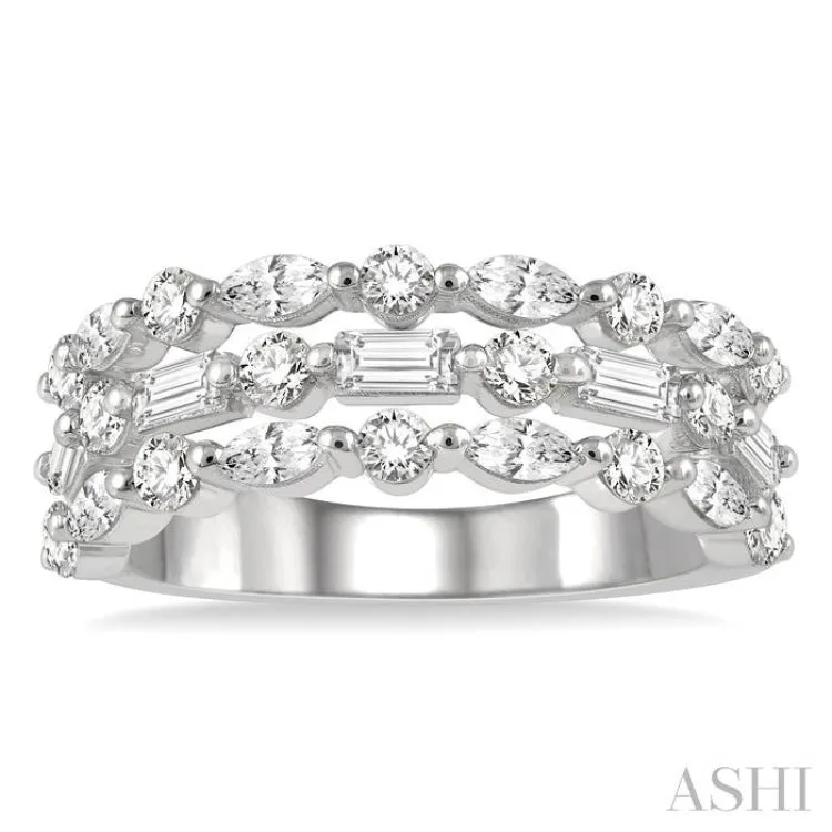 1 1/2 ctw Triple Fusion Baguette, Marquise and Round Cut Diamond Fashion Band in 14K White Gold