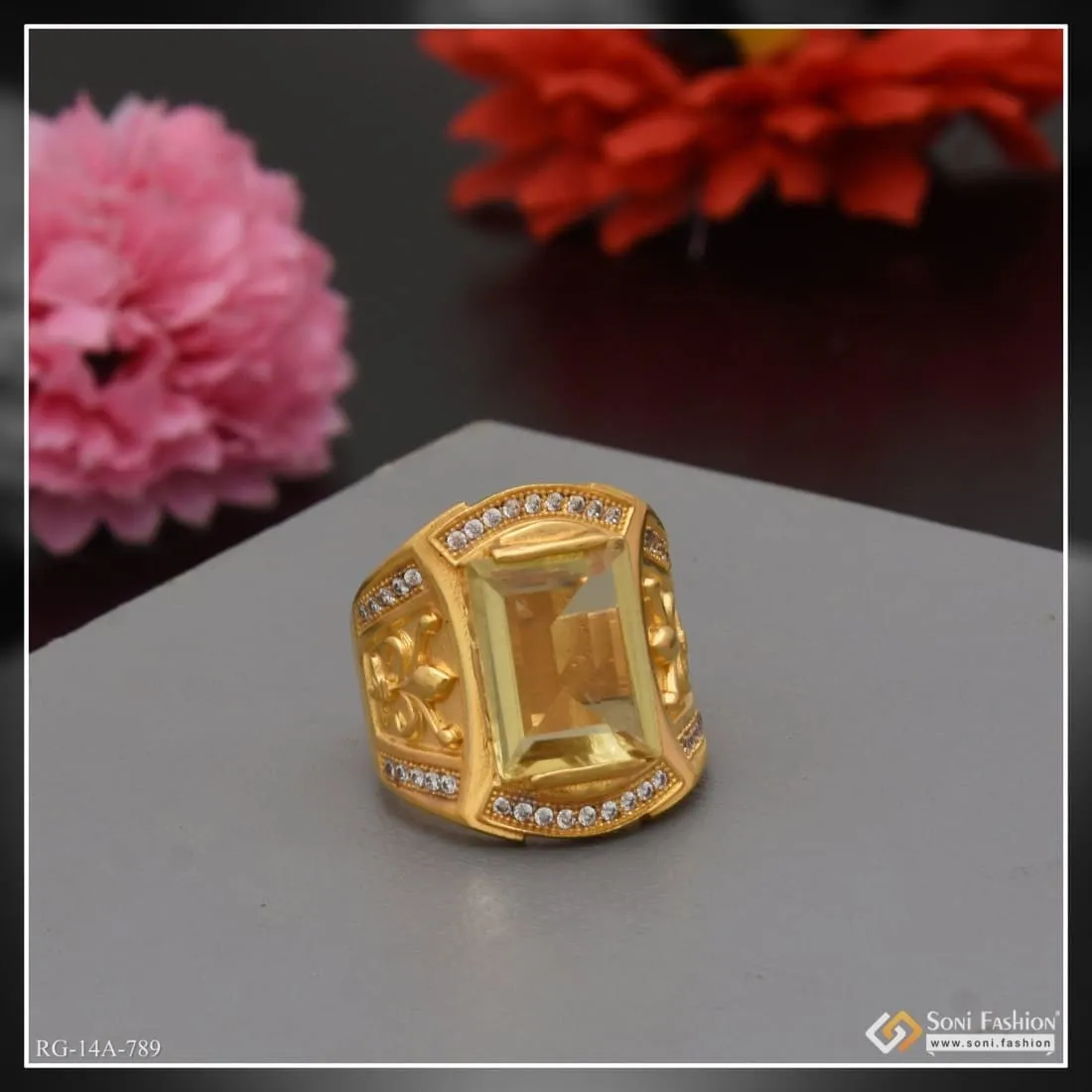 1 Gram Gold Forming Yellow Stone With Diamond Fashionable Design Ring - Style A789