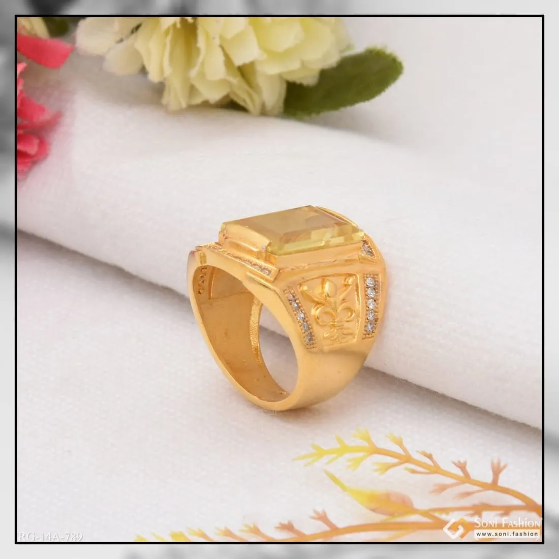 1 Gram Gold Forming Yellow Stone With Diamond Fashionable Design Ring - Style A789