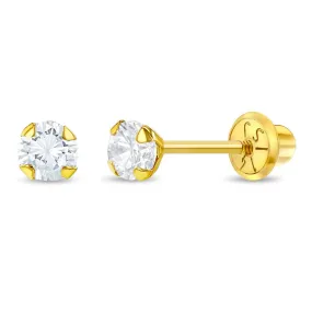 14k Flush CZ Solitaire Toddler Earrings - Screw Back