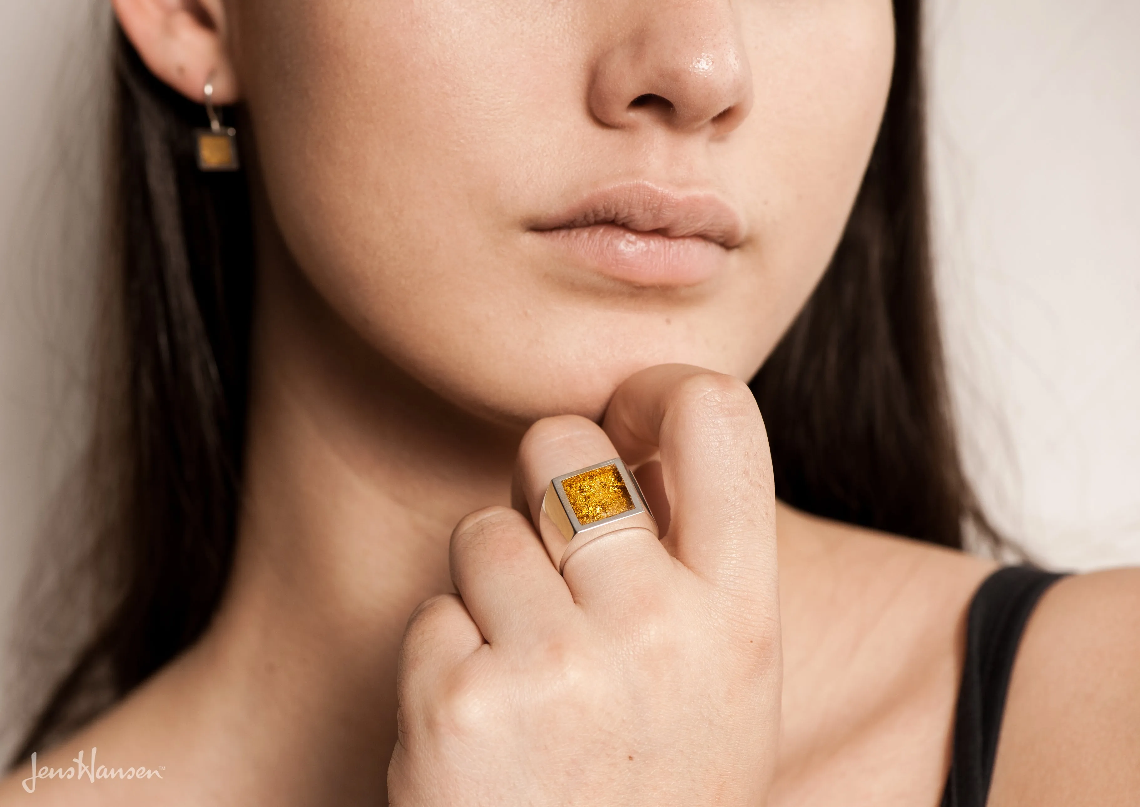 24ct Gold Leaf Square Resin Ring, Sterling Silver