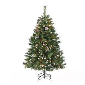 4.5-foot Mixed Spruce Hinged Artificial Christmas Tree with Frosted Branches, Red Berries, and Frosted Pinecones