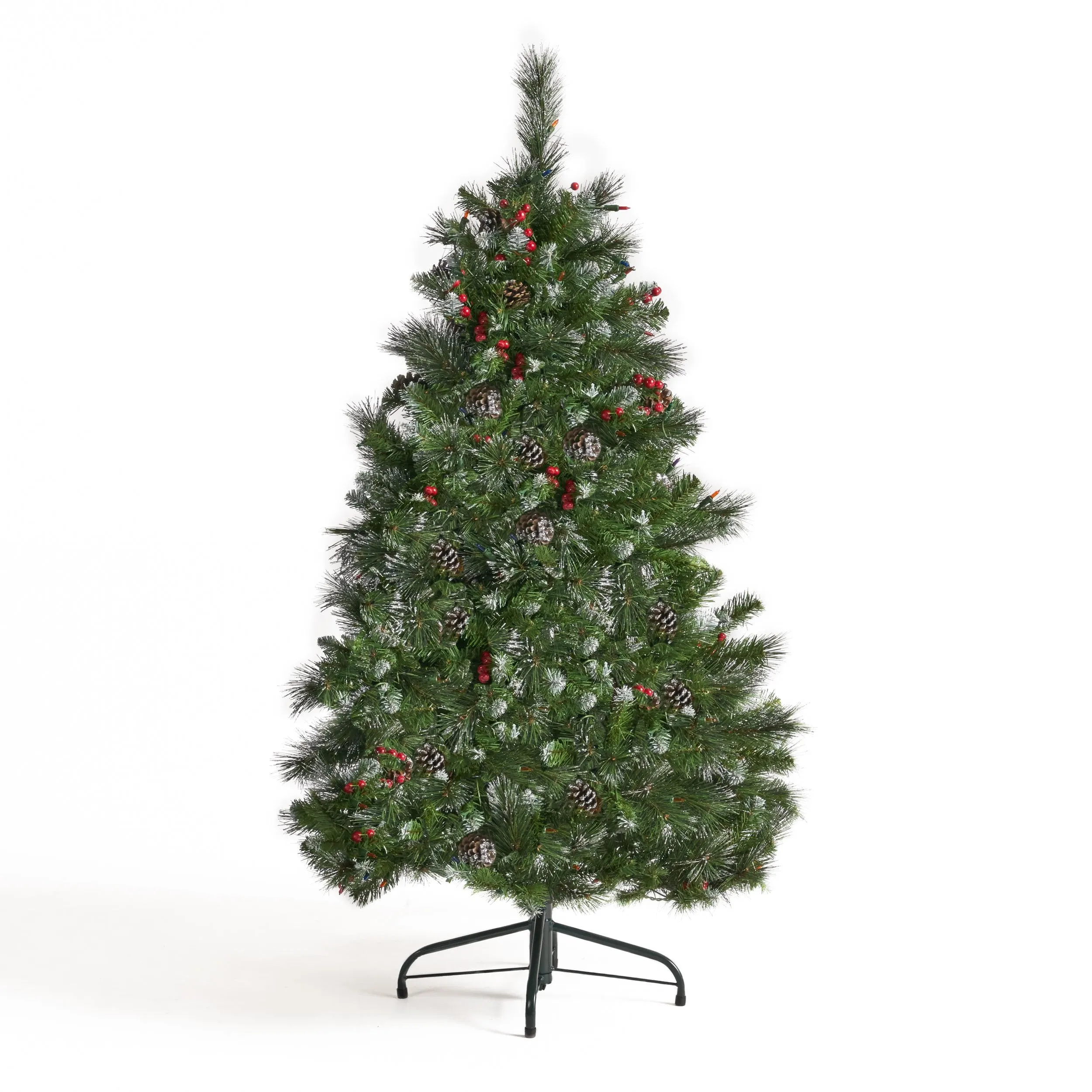 4.5-foot Mixed Spruce Hinged Artificial Christmas Tree with Glitter Branches, Red Berries, and Pinecones - NH573703