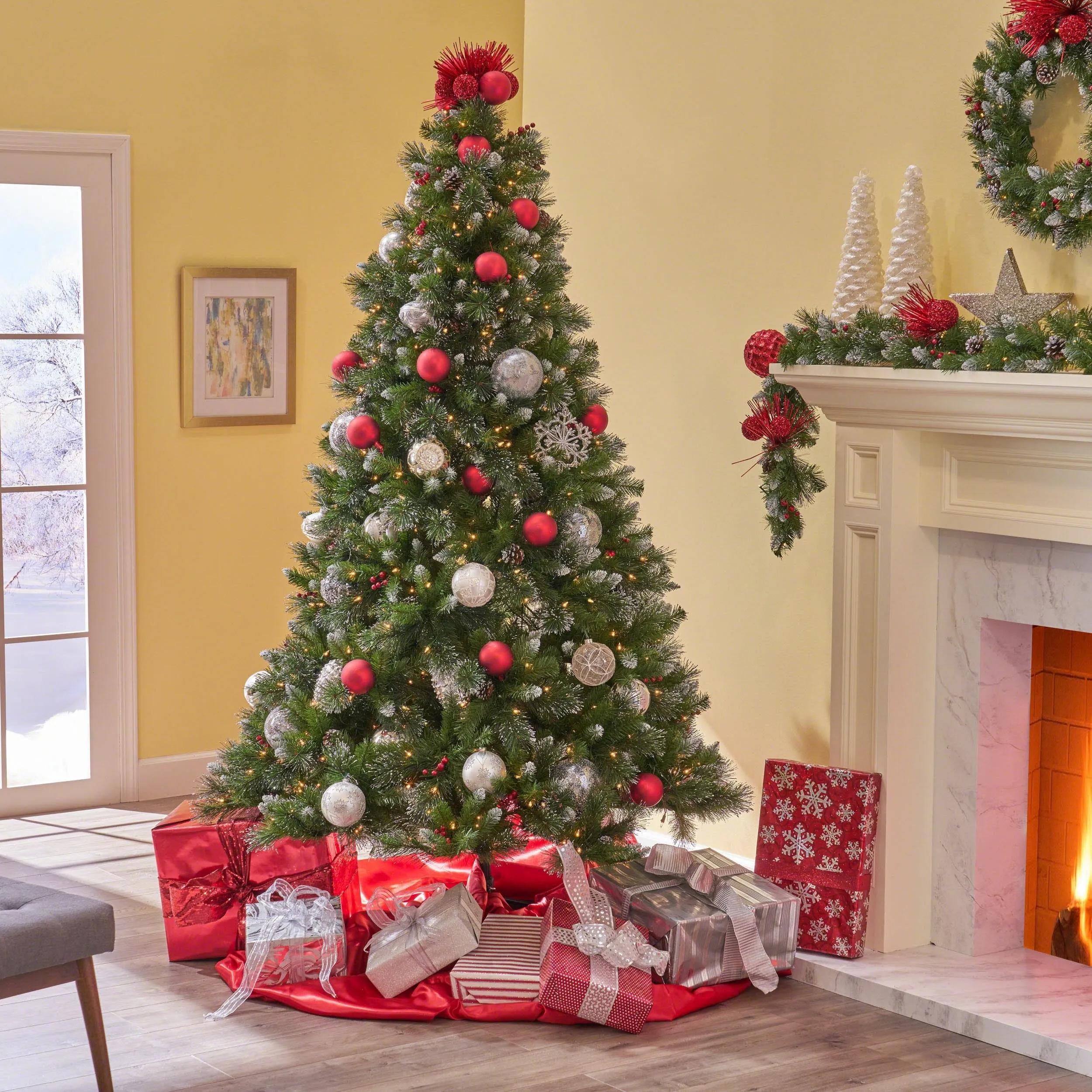 7-foot Mixed Spruce Hinged Artificial Christmas Tree with Glitter Branches, Red Berries, and Pinecones - NH873703