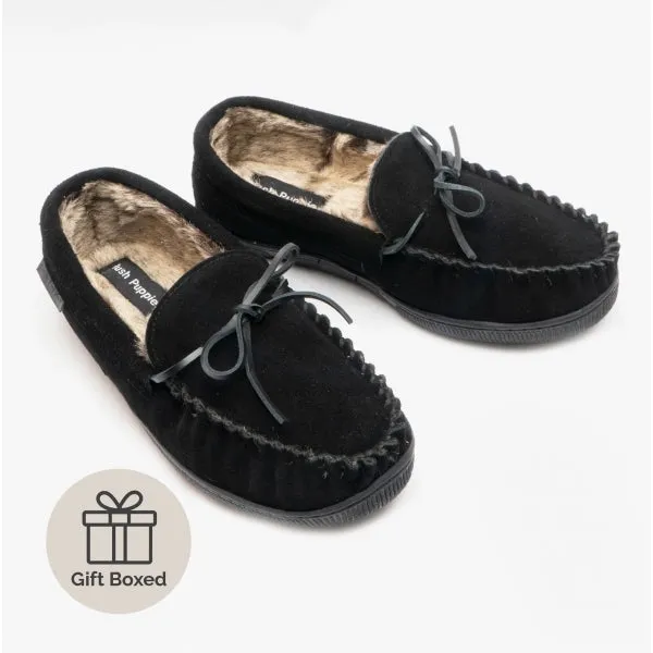 ACE Mens Suede Moccasin Slippers Black