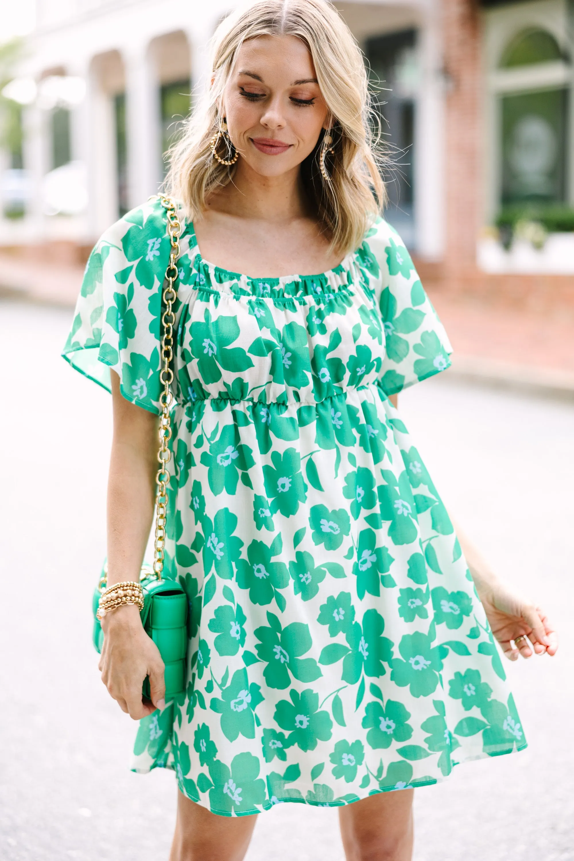 All About It Green Floral Babydoll Dress