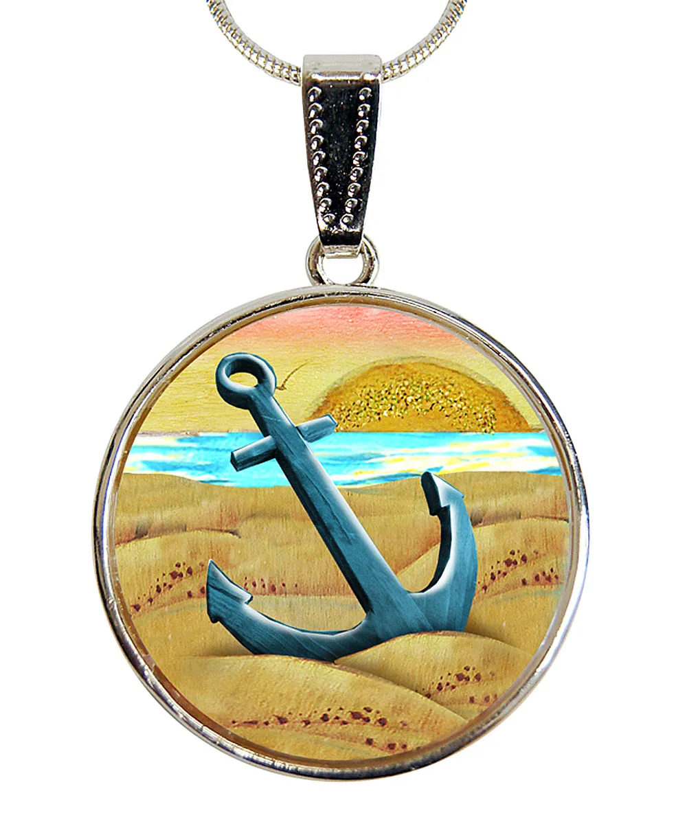 Anchor Silver-Plated Mother of Pearl Jewelry Pendant Necklace - 44056