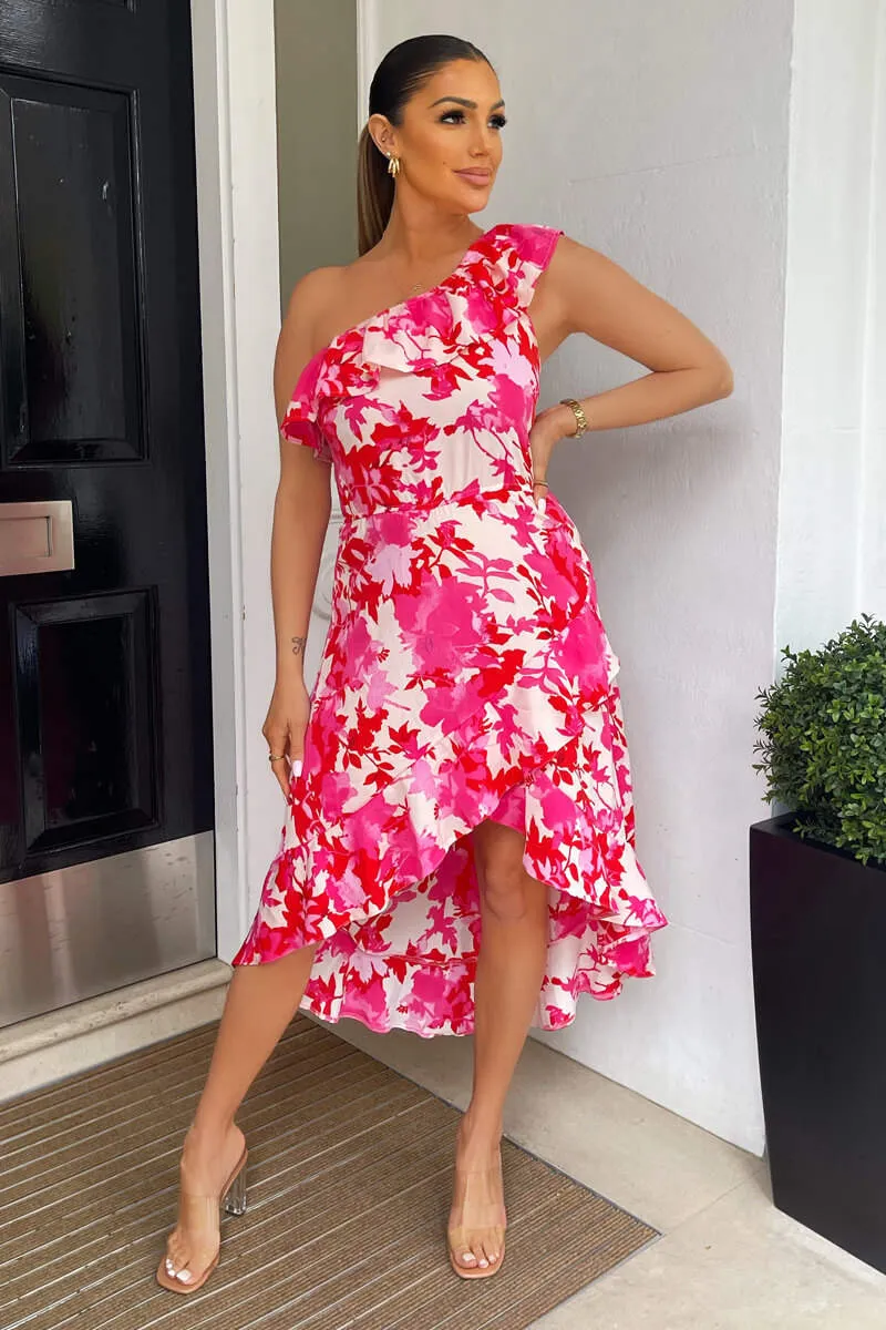 Annie Pink Floral One Shoulder Dipped Hem Dress