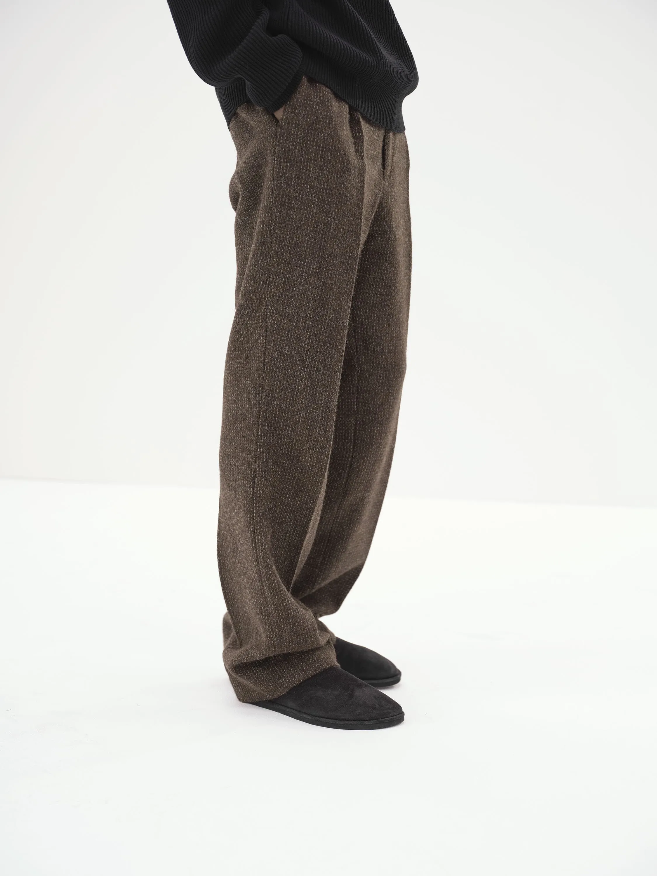 Auralee Lama Shetland Wool Tweed Slacks - Khaki Tweed