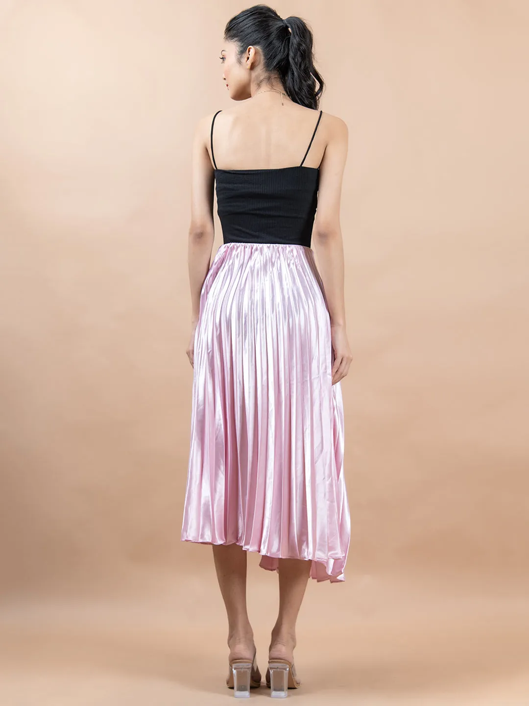 Baby Pink Flared Skirt with Accordion Pleats