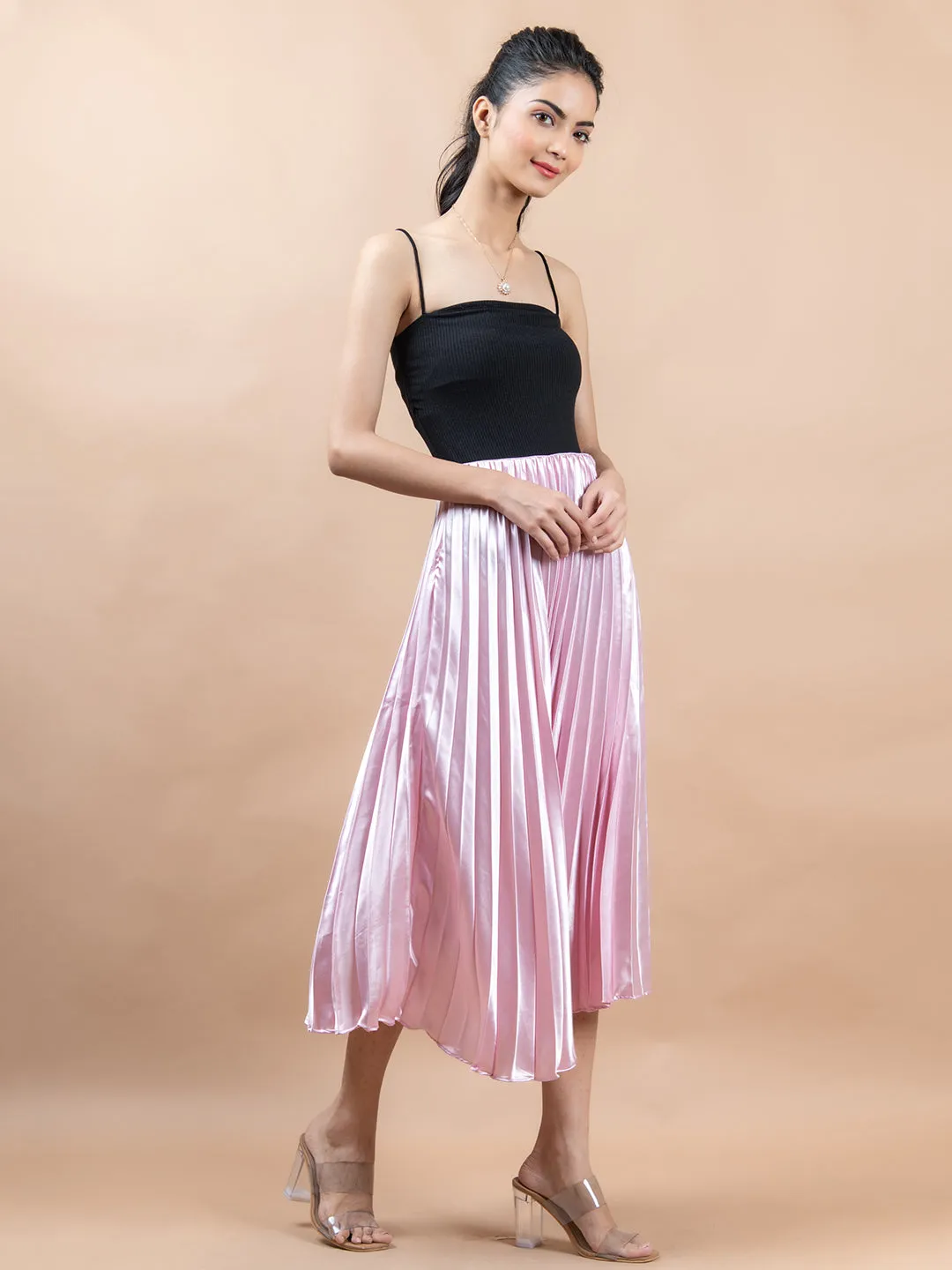 Baby Pink Flared Skirt with Accordion Pleats