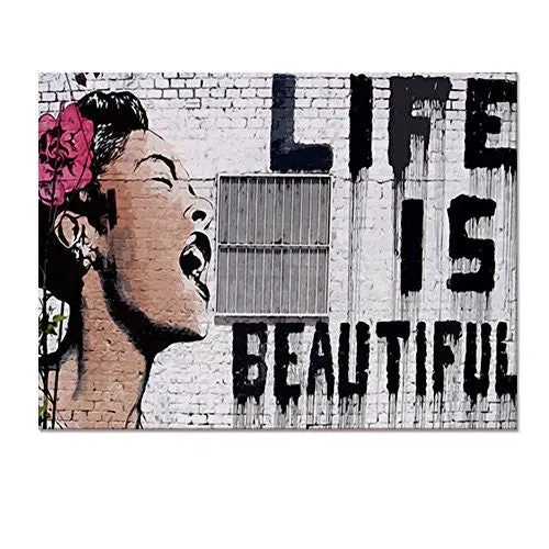 BANKSY-GRAFFITI ART " LIFE IS BEAUTIFUL", QUALITY CANVAS POSTER PRINTS, FRAMED AND READY WALL HANGING, IMAGE WRAP BORDER, WATER PROOF 32"X24"