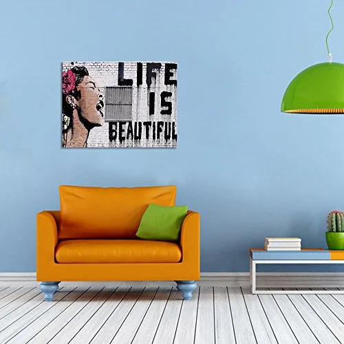 BANKSY-GRAFFITI ART " LIFE IS BEAUTIFUL", QUALITY CANVAS POSTER PRINTS, FRAMED AND READY WALL HANGING, IMAGE WRAP BORDER, WATER PROOF 32"X24"