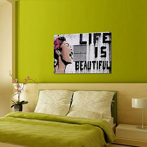 BANKSY-GRAFFITI ART " LIFE IS BEAUTIFUL", QUALITY CANVAS POSTER PRINTS, FRAMED AND READY WALL HANGING, IMAGE WRAP BORDER, WATER PROOF 32"X24"