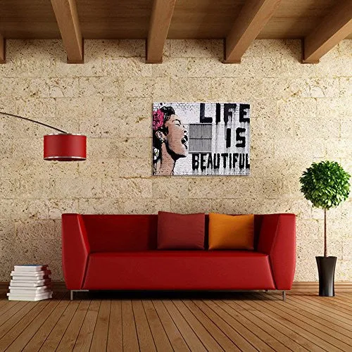 BANKSY-GRAFFITI ART " LIFE IS BEAUTIFUL", QUALITY CANVAS POSTER PRINTS, FRAMED AND READY WALL HANGING, IMAGE WRAP BORDER, WATER PROOF 32"X24"