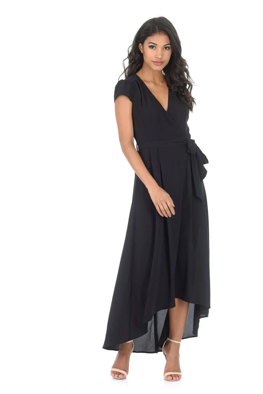 Black Capped Sleeve Waterfall Dress