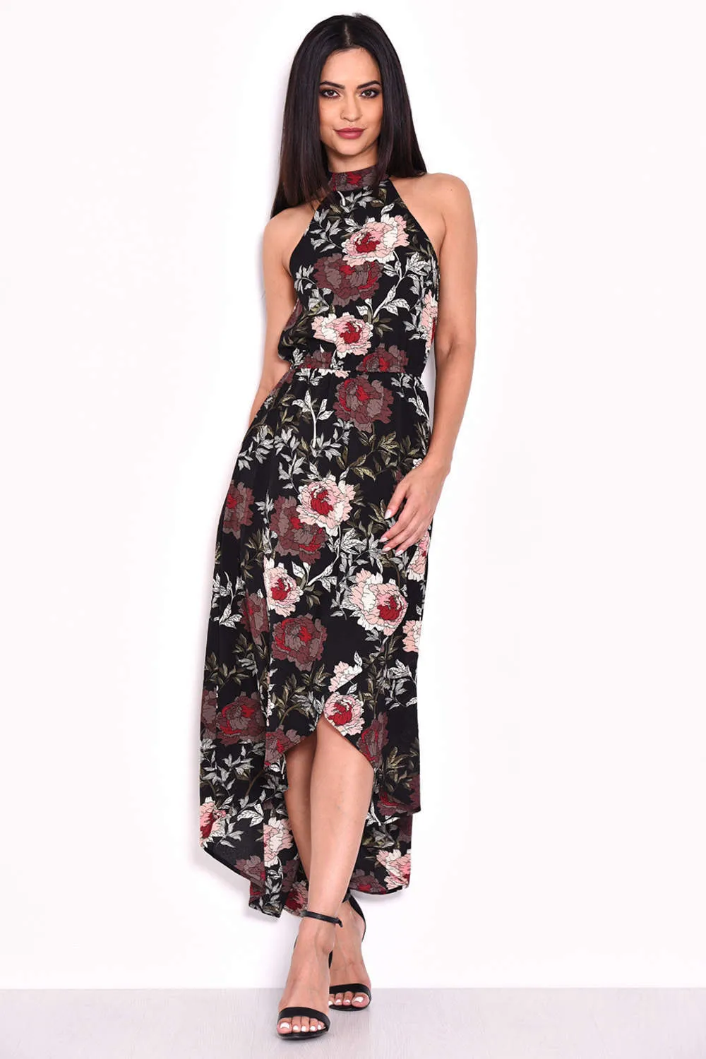 Black Floral Asymmetric Choker Neck Midi Dress