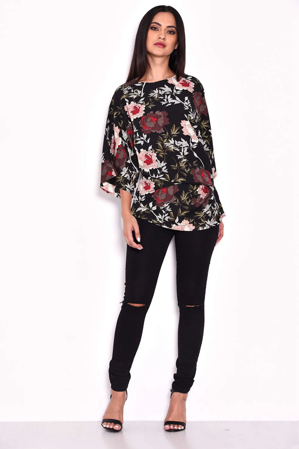 Black Floral Batwing Top