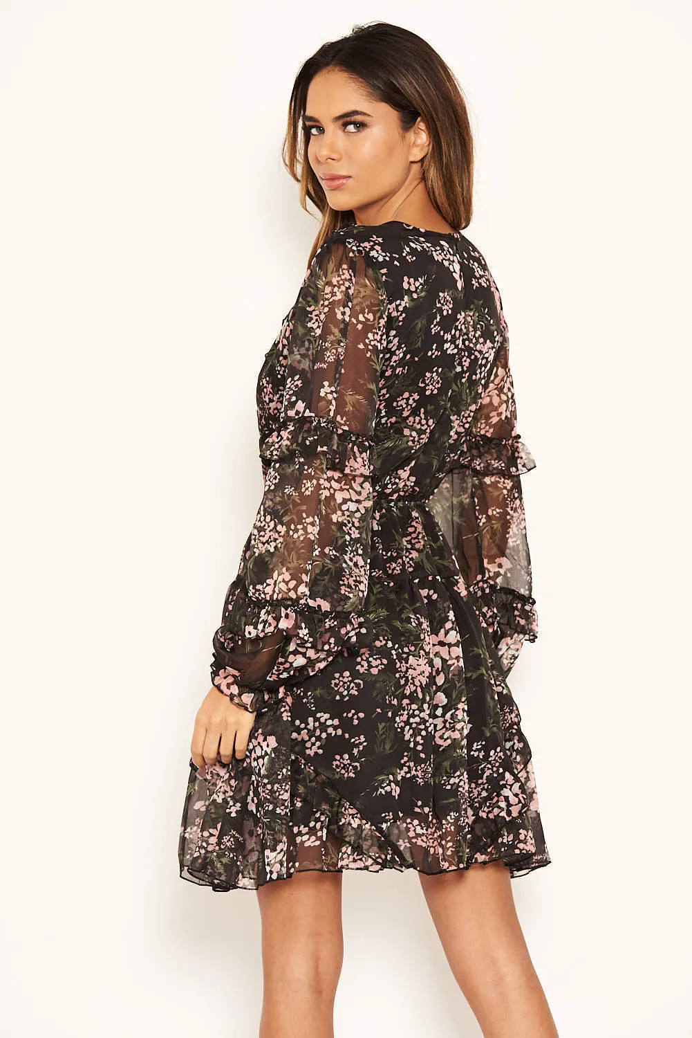 Black Floral Frill Cut Out Dress