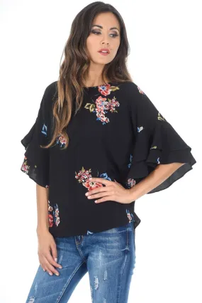 Black Floral Frill Sleeved Top