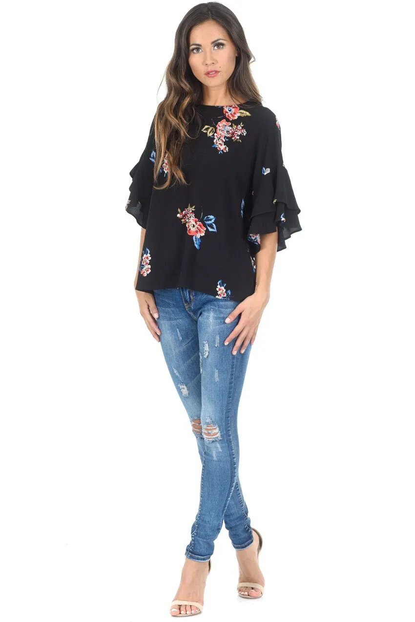 Black Floral Frill Sleeved Top