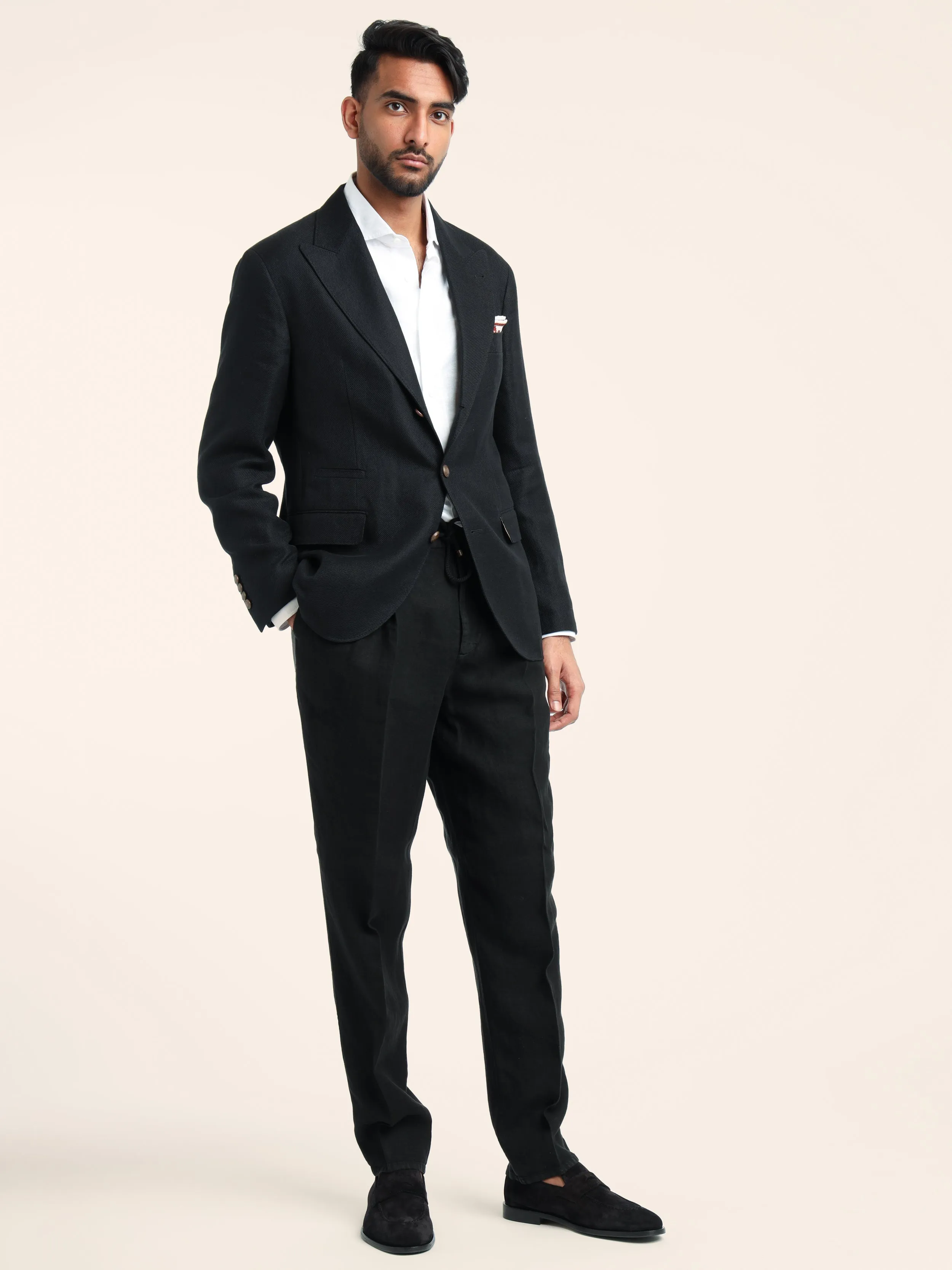 Black Garment-Dyed Leisure Fit Linen Gabardine Trousers