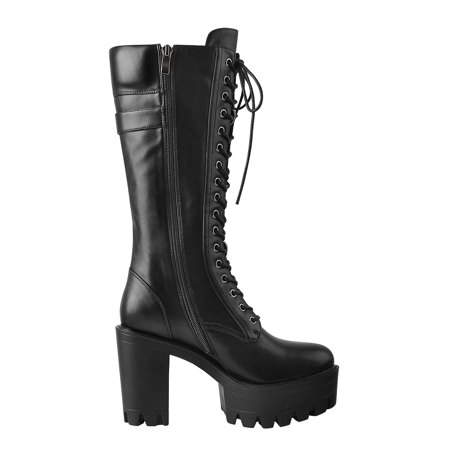 Black Patent Leather Platform Lace Up Knee High Boots