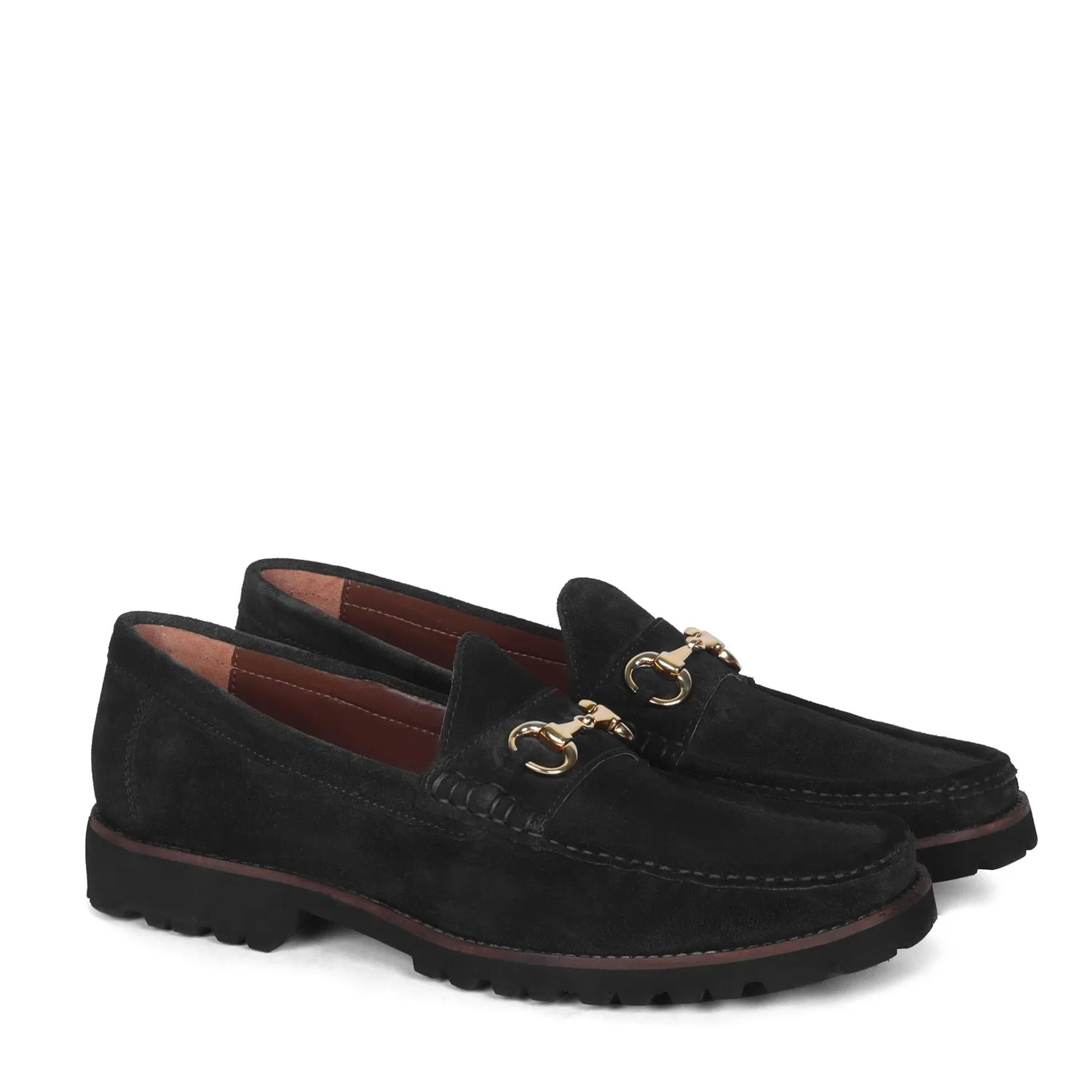 Black Suede Chunky Sole Leather Loafers With Horse-bit Buckle