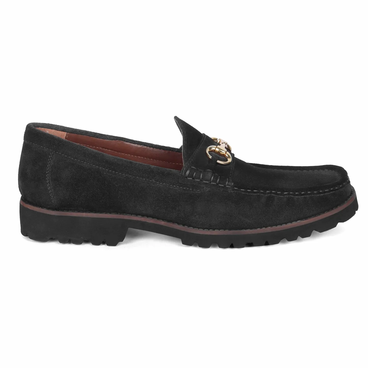 Black Suede Chunky Sole Leather Loafers With Horse-bit Buckle