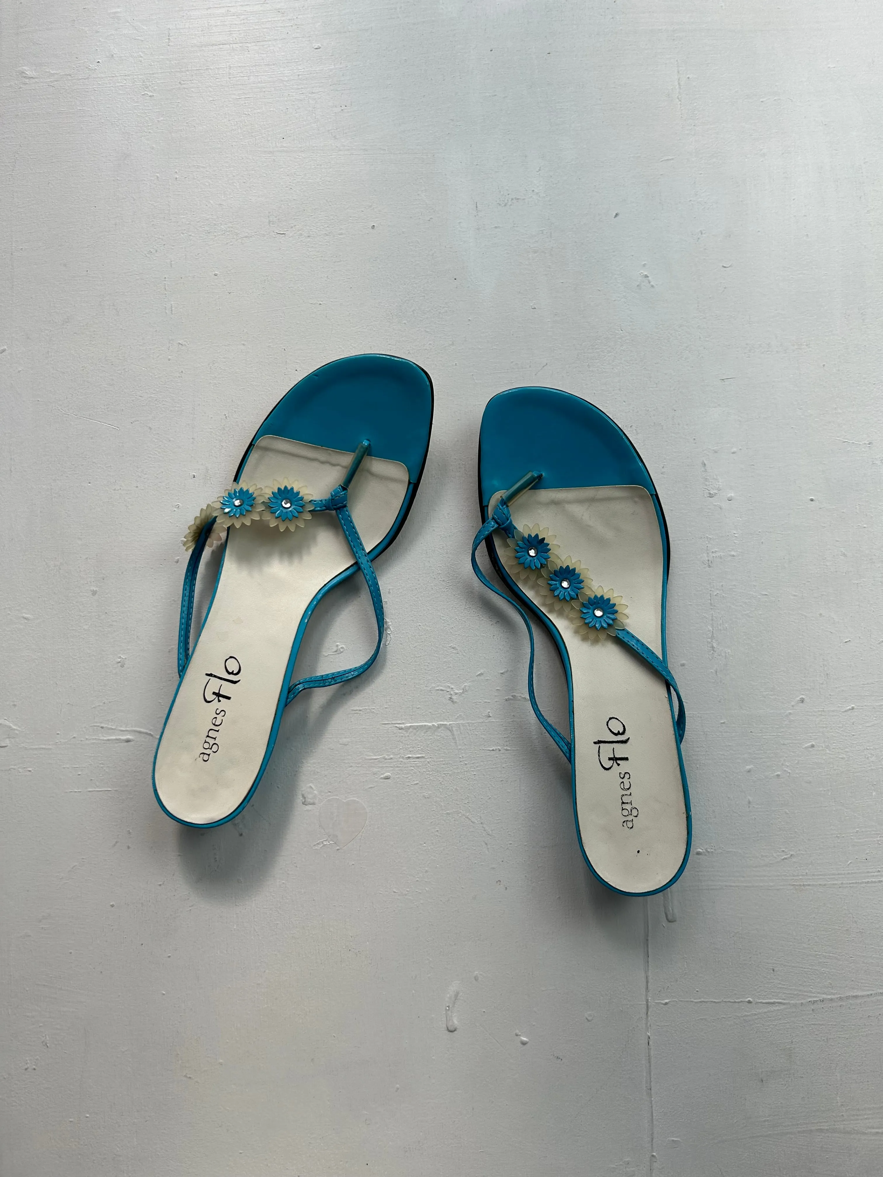 Blue square heels flip flop flowers shoes (40)