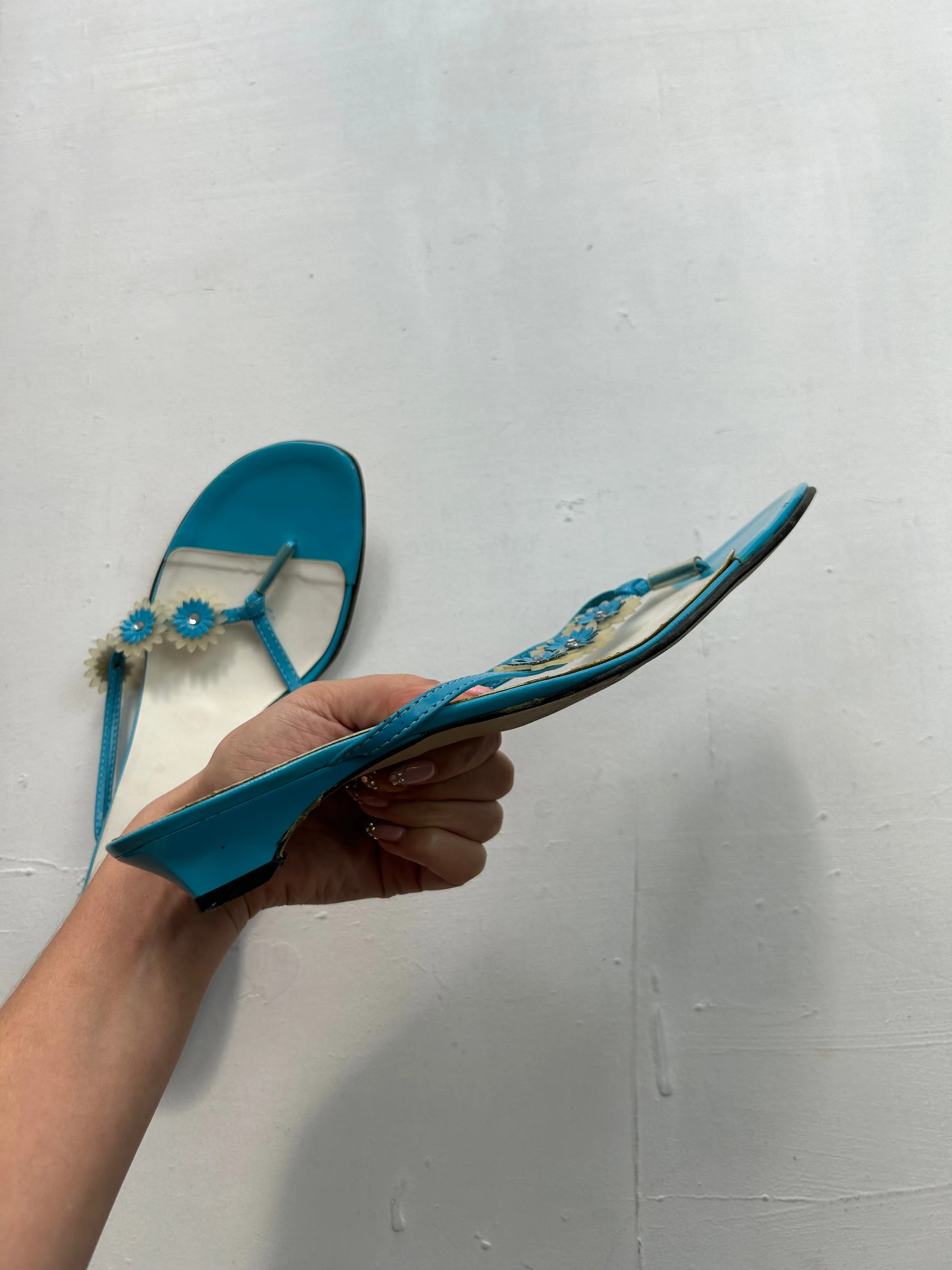 Blue square heels flip flop flowers shoes (40)