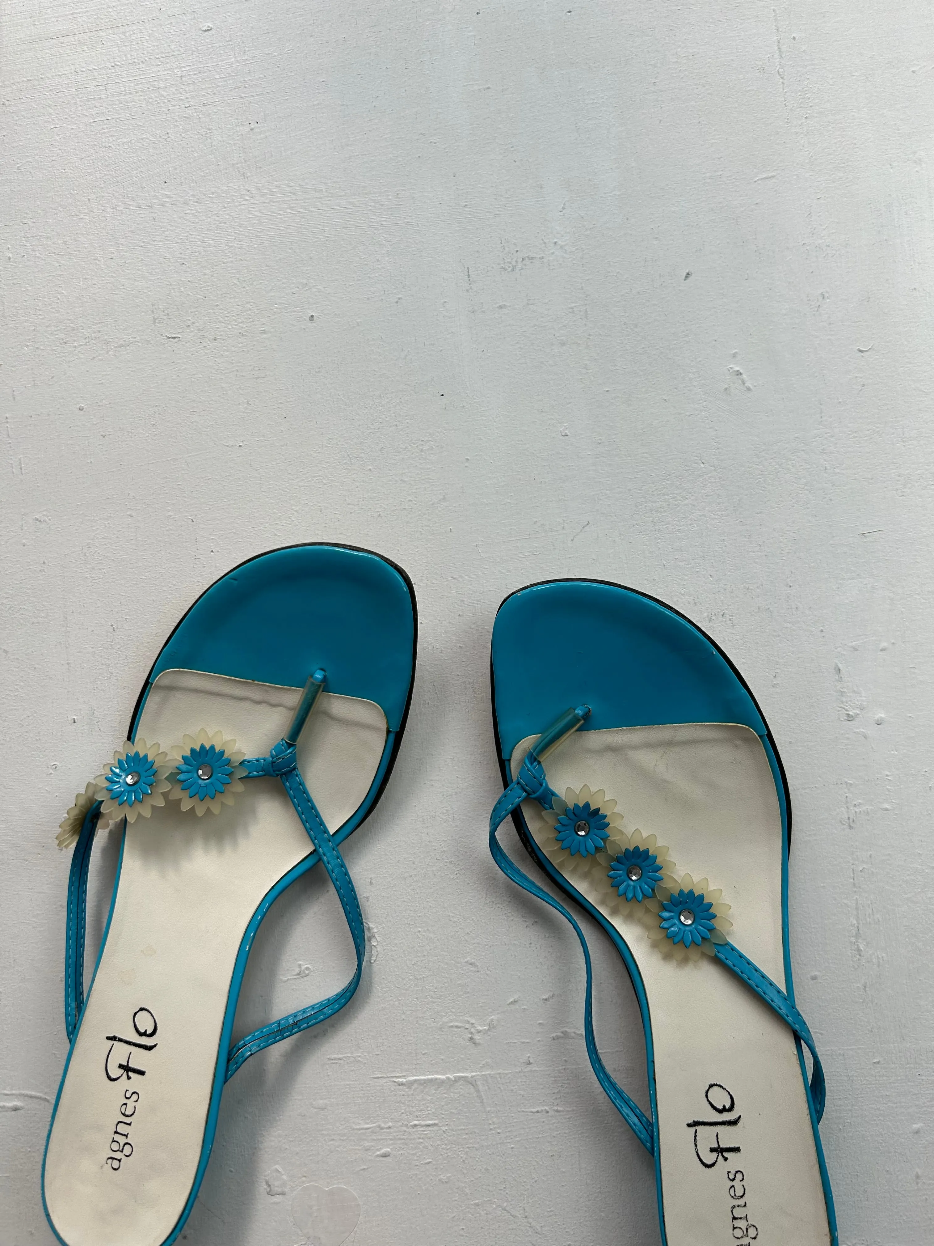 Blue square heels flip flop flowers shoes (40)