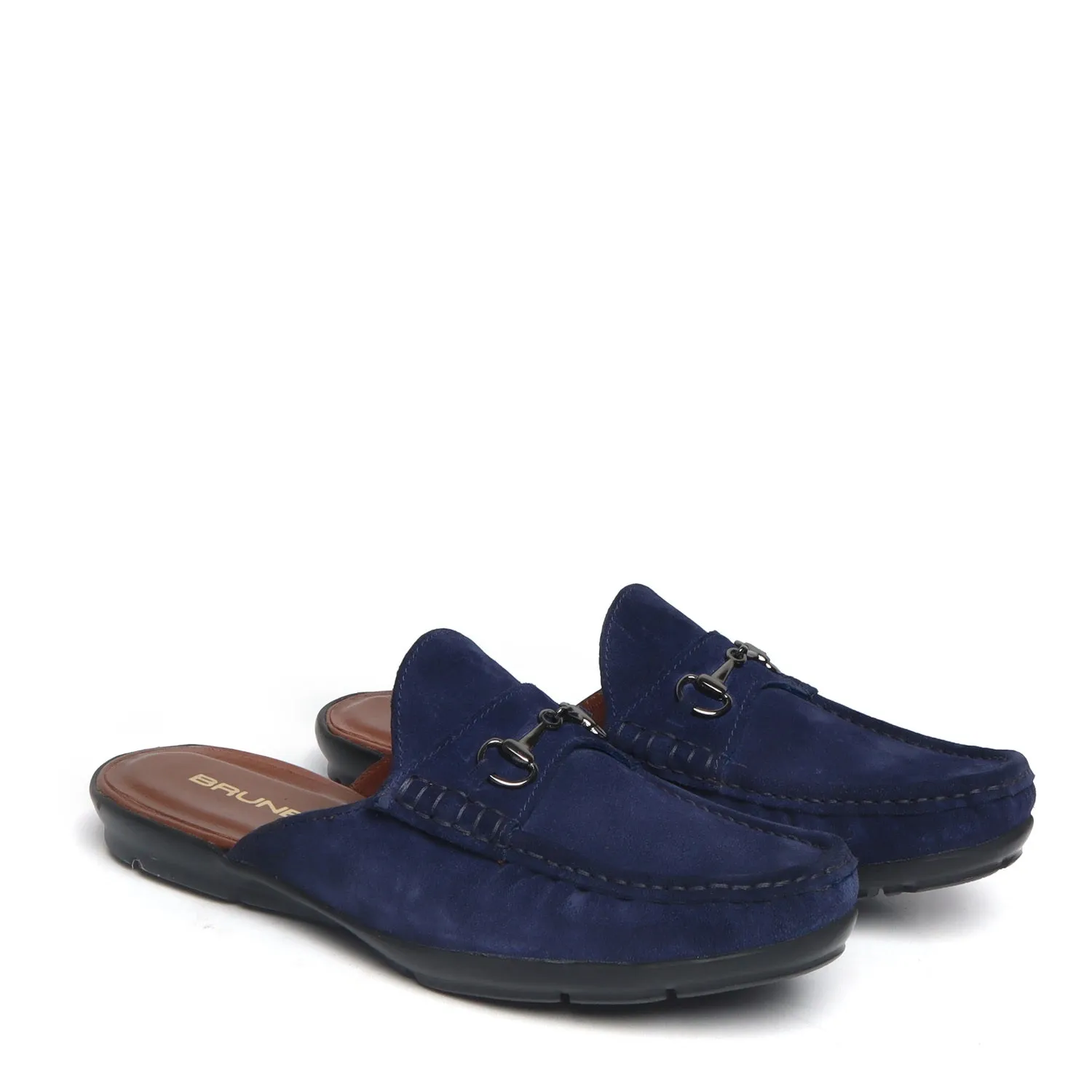 Blue Suede Leather Horse-bit Loafer Mules by Brune & Bareskin