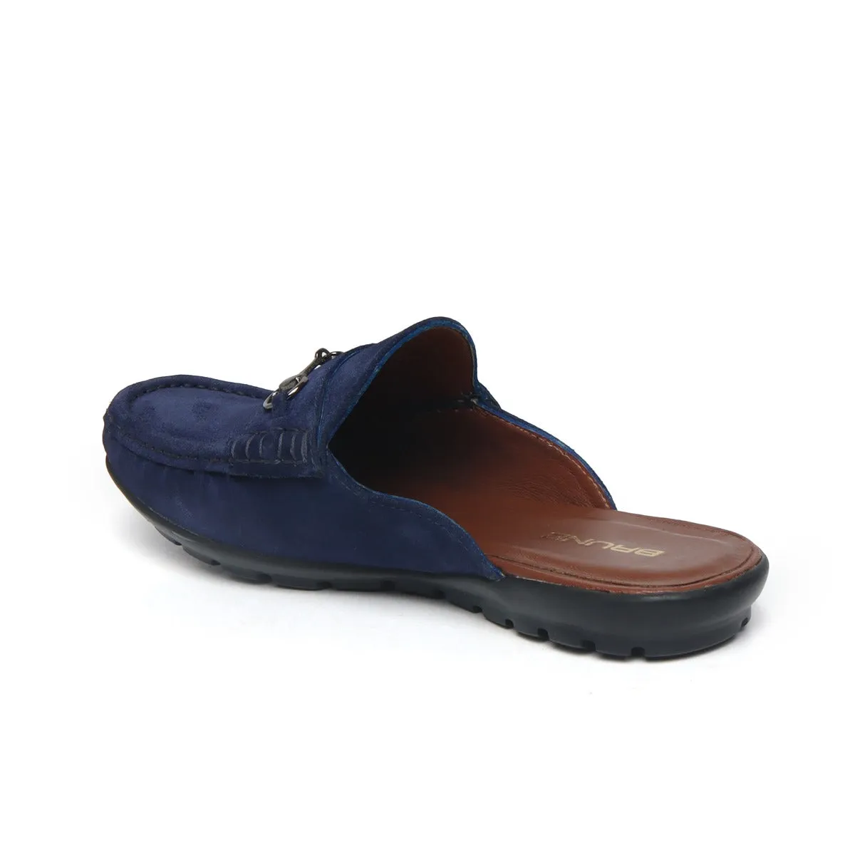 Blue Suede Leather Horse-bit Loafer Mules by Brune & Bareskin