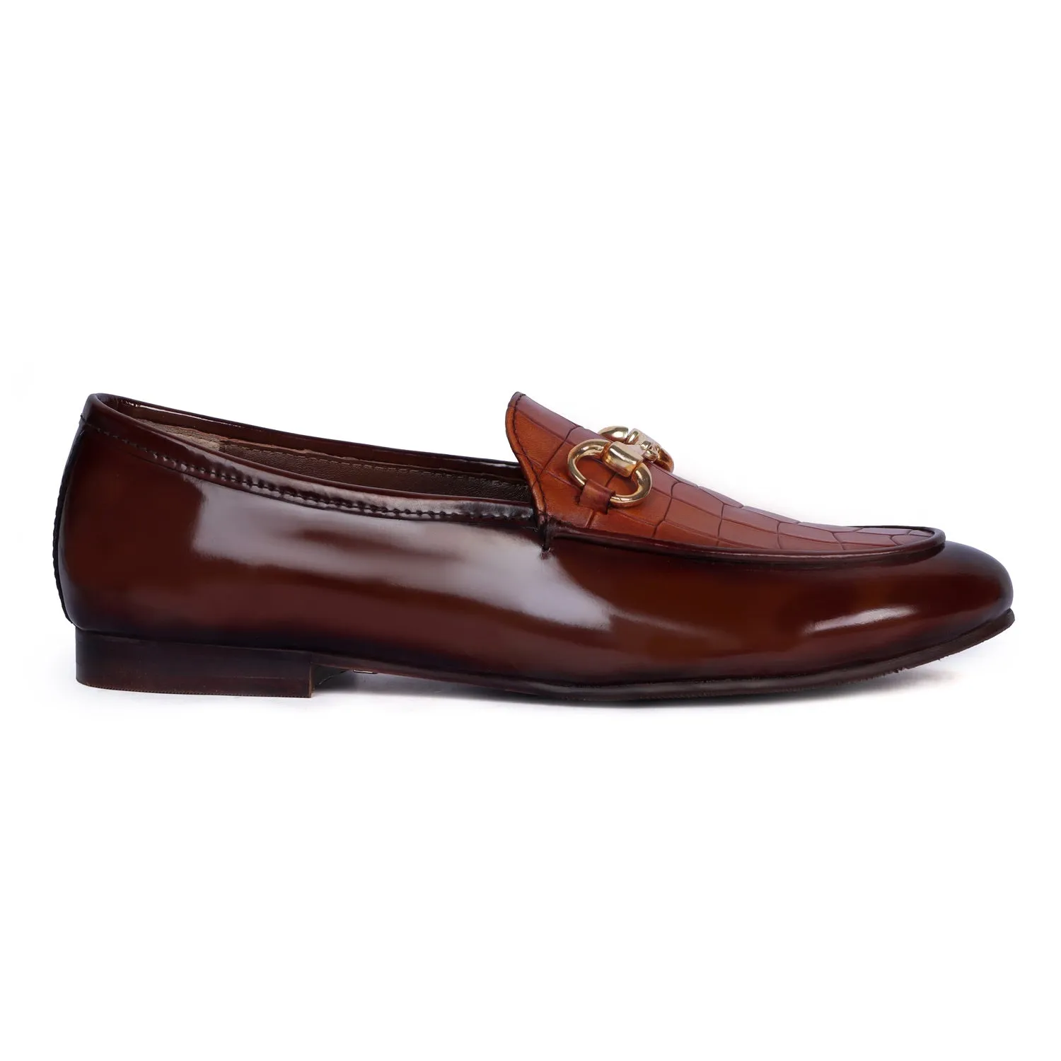 Brown Brush Off Leather Loafers with Tan Deep Cut Croco Leather at Vamp for Ladies by Brune & Bareskin