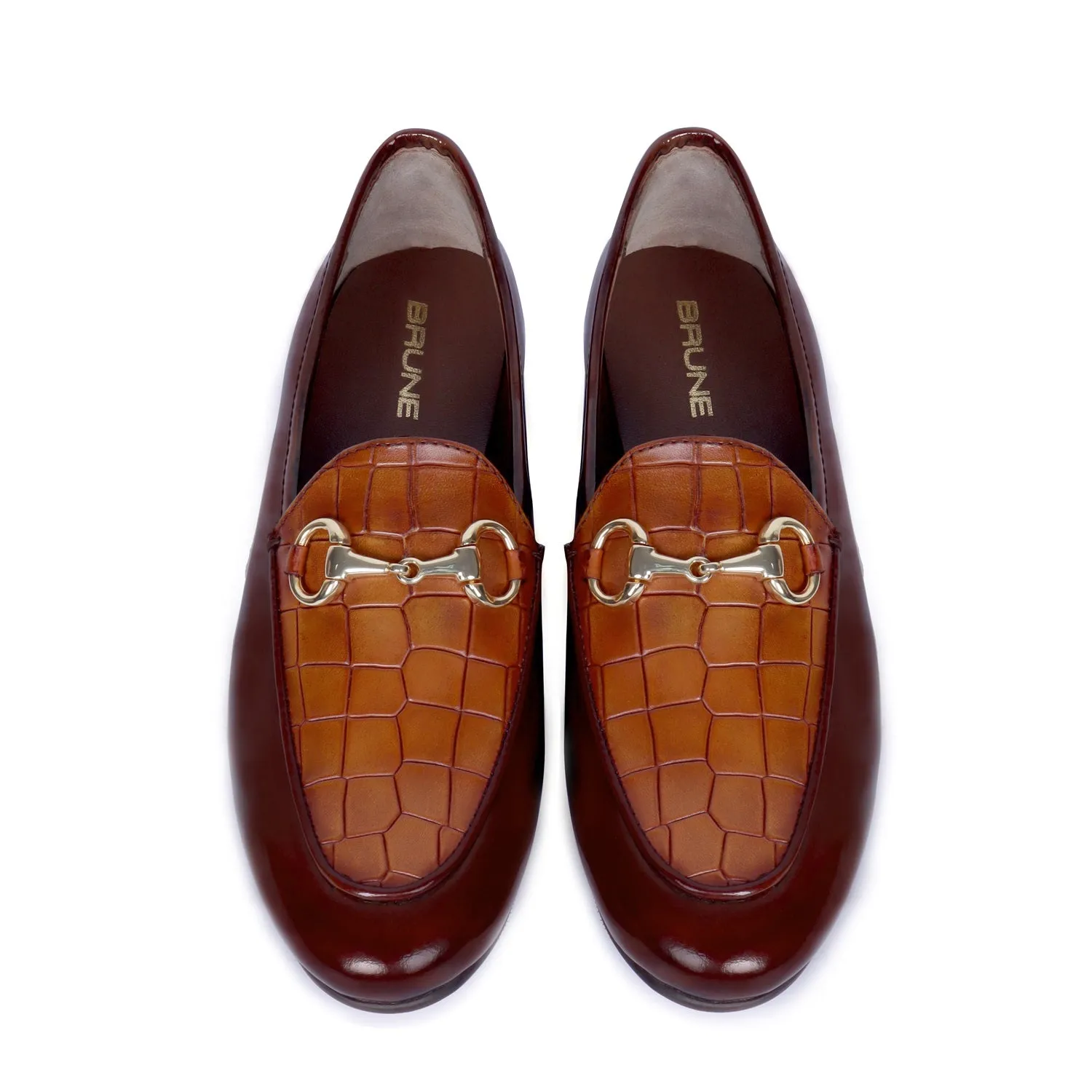 Brown Brush Off Leather Loafers with Tan Deep Cut Croco Leather at Vamp for Ladies by Brune & Bareskin