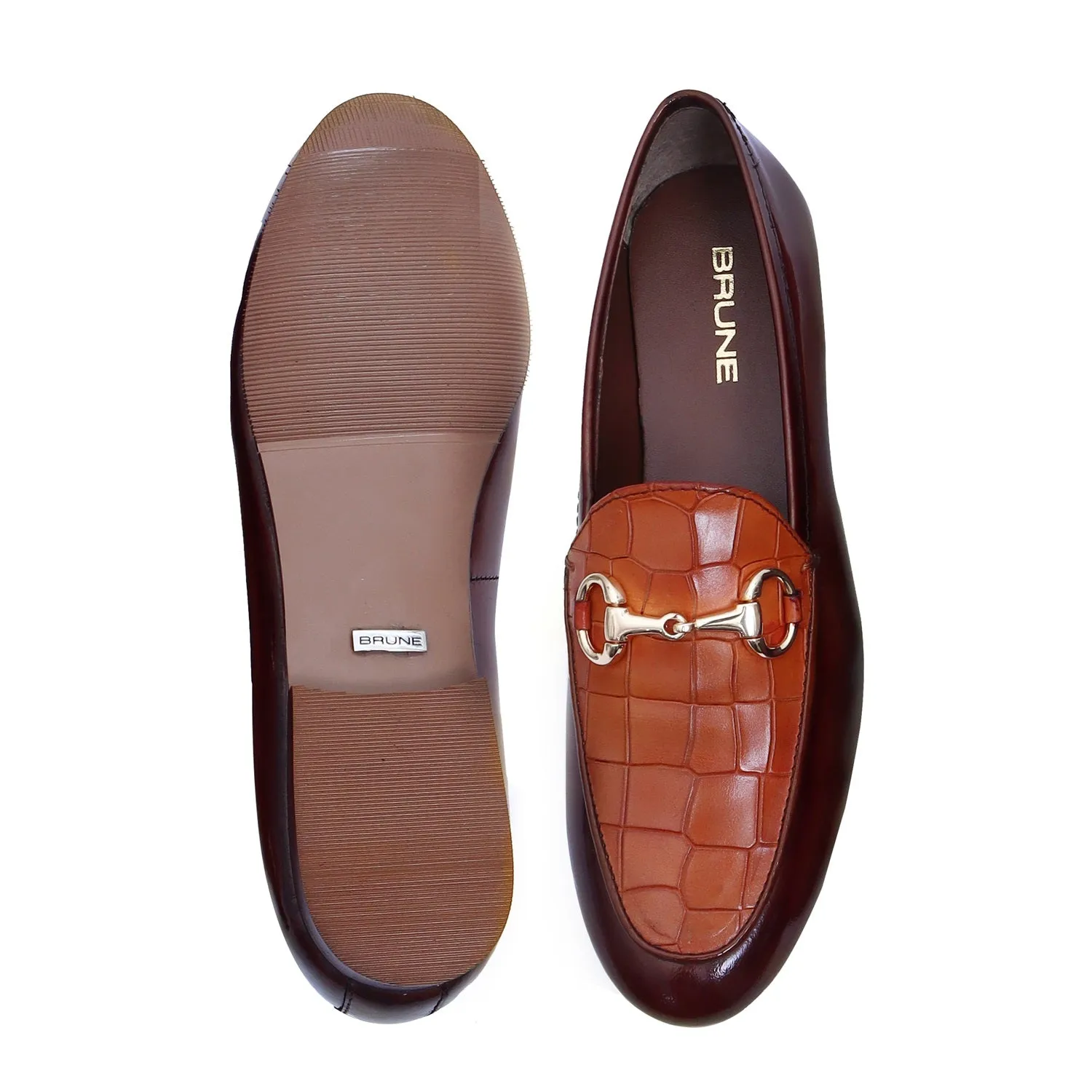 Brown Brush Off Leather Loafers with Tan Deep Cut Croco Leather at Vamp for Ladies by Brune & Bareskin