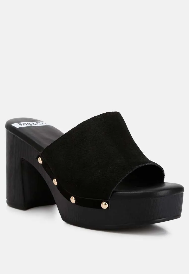 Cartera Suede High Block Heel Clogs In Black