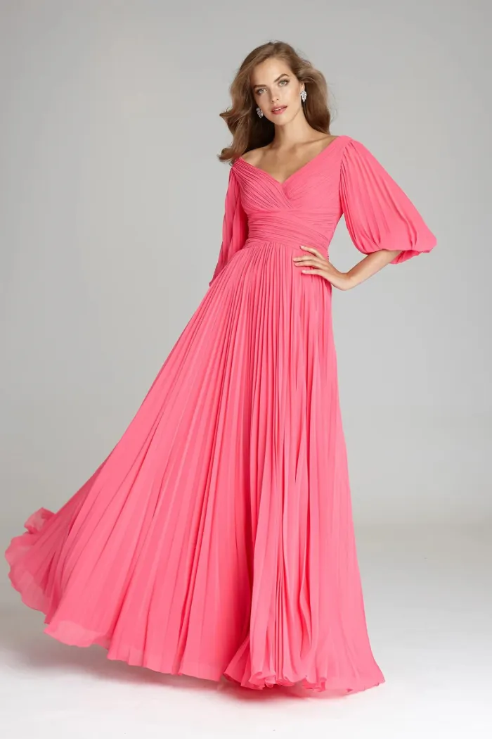 Chiffon Puff Sleeve Pleated V-Neck Gown