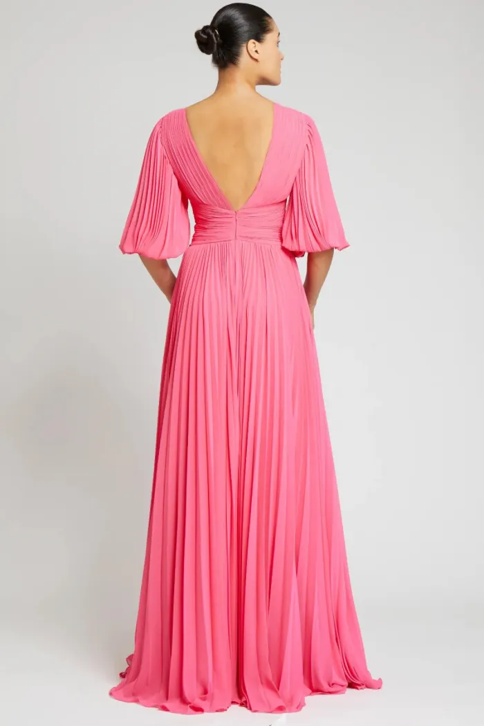 Chiffon Puff Sleeve Pleated V-Neck Gown