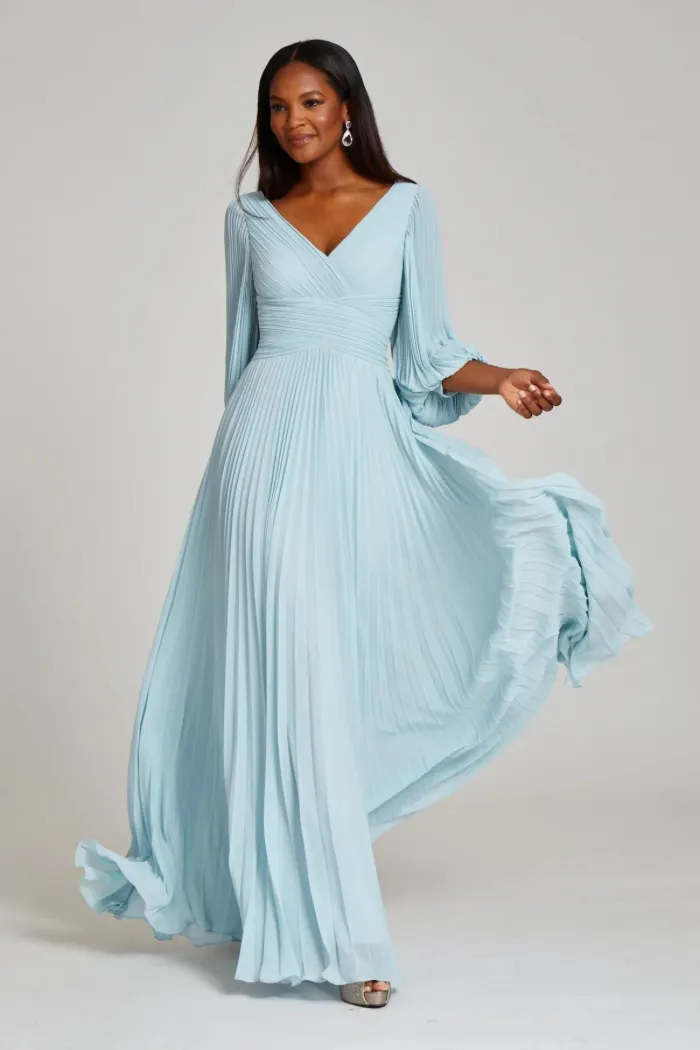 Chiffon Puff Sleeve Pleated V-Neck Gown