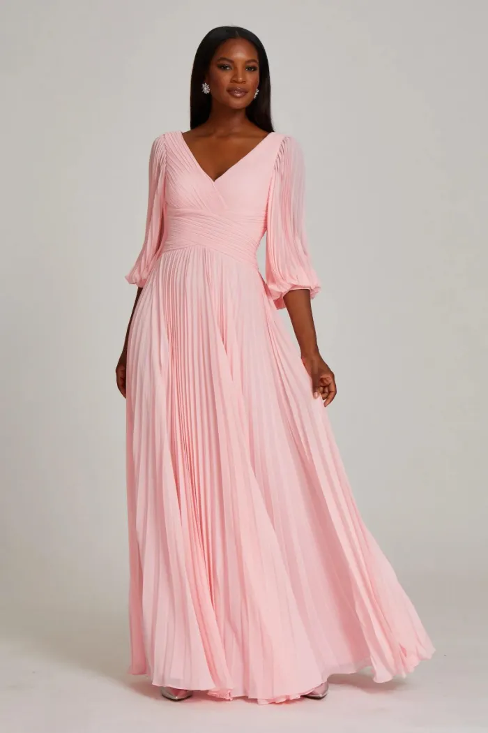 Chiffon Puff Sleeve Pleated V-Neck Gown