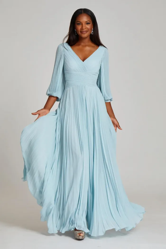 Chiffon Puff Sleeve Pleated V-Neck Gown