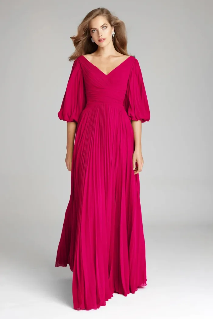 Chiffon Puff Sleeve Pleated V-Neck Gown