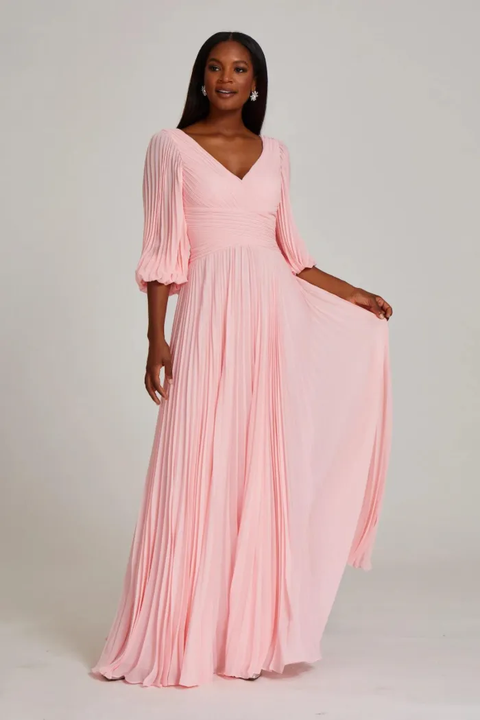 Chiffon Puff Sleeve Pleated V-Neck Gown