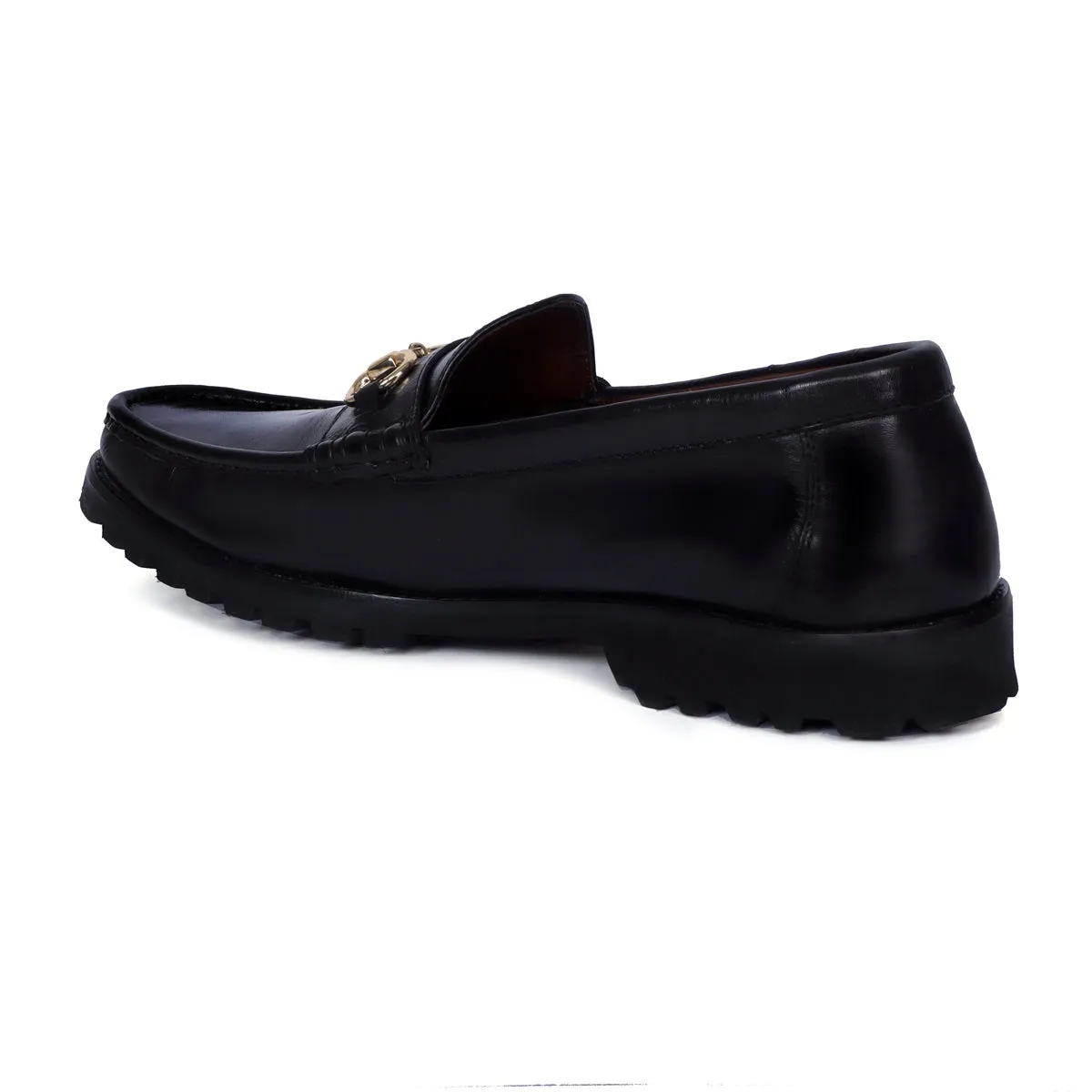 Chunky Sole Loafer with Horse-bit Detailing in Black Leather