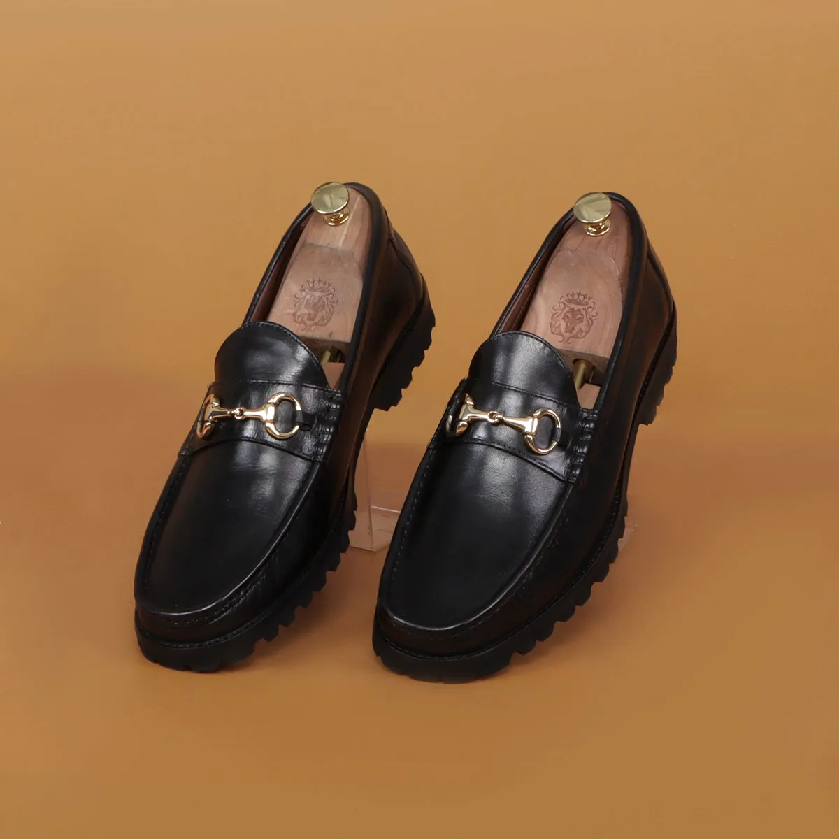 Chunky Sole Loafer with Horse-bit Detailing in Black Leather