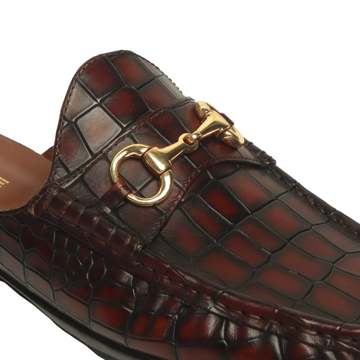 Cognac Deep Cut Croco With Horsebit Detailing Leather Mules by Brune & Bareskin